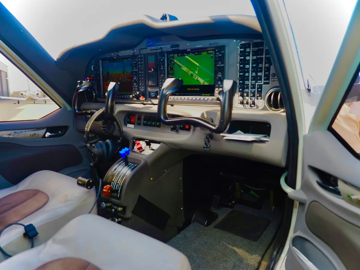 The cockpit of a turboprop with modern glass displays