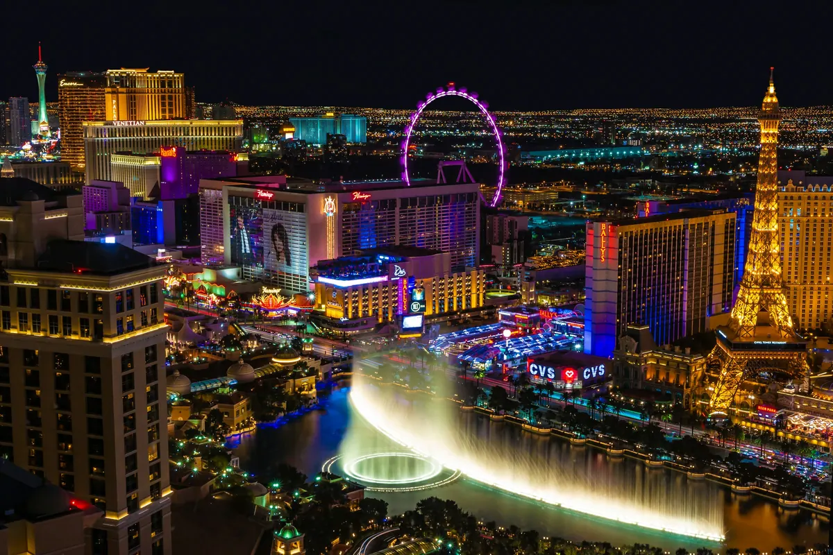 The Las Vegas Strip glowing at night from above